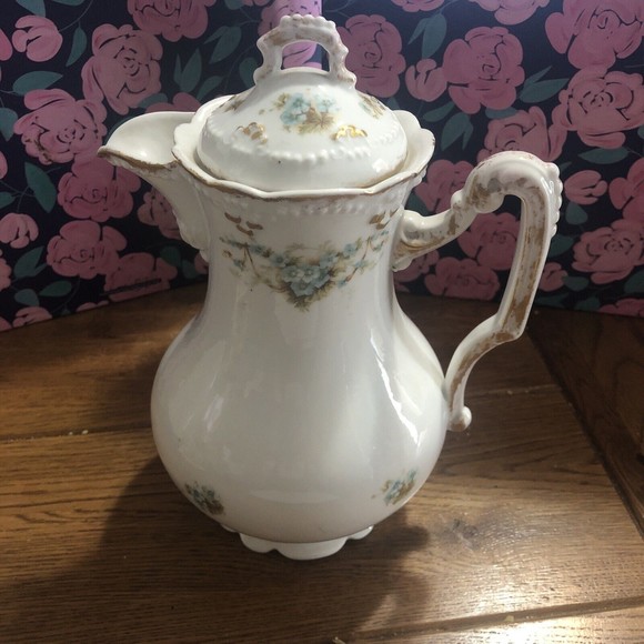 Fine Vintage Antique Limoges Cabbage Gold Blue Floral Chocolate Coffee Tea Pot